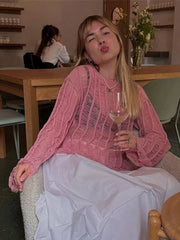 Pink Hollow Out Striped Knit Half See Through Pullover O Neck Long Sleeved Sweater