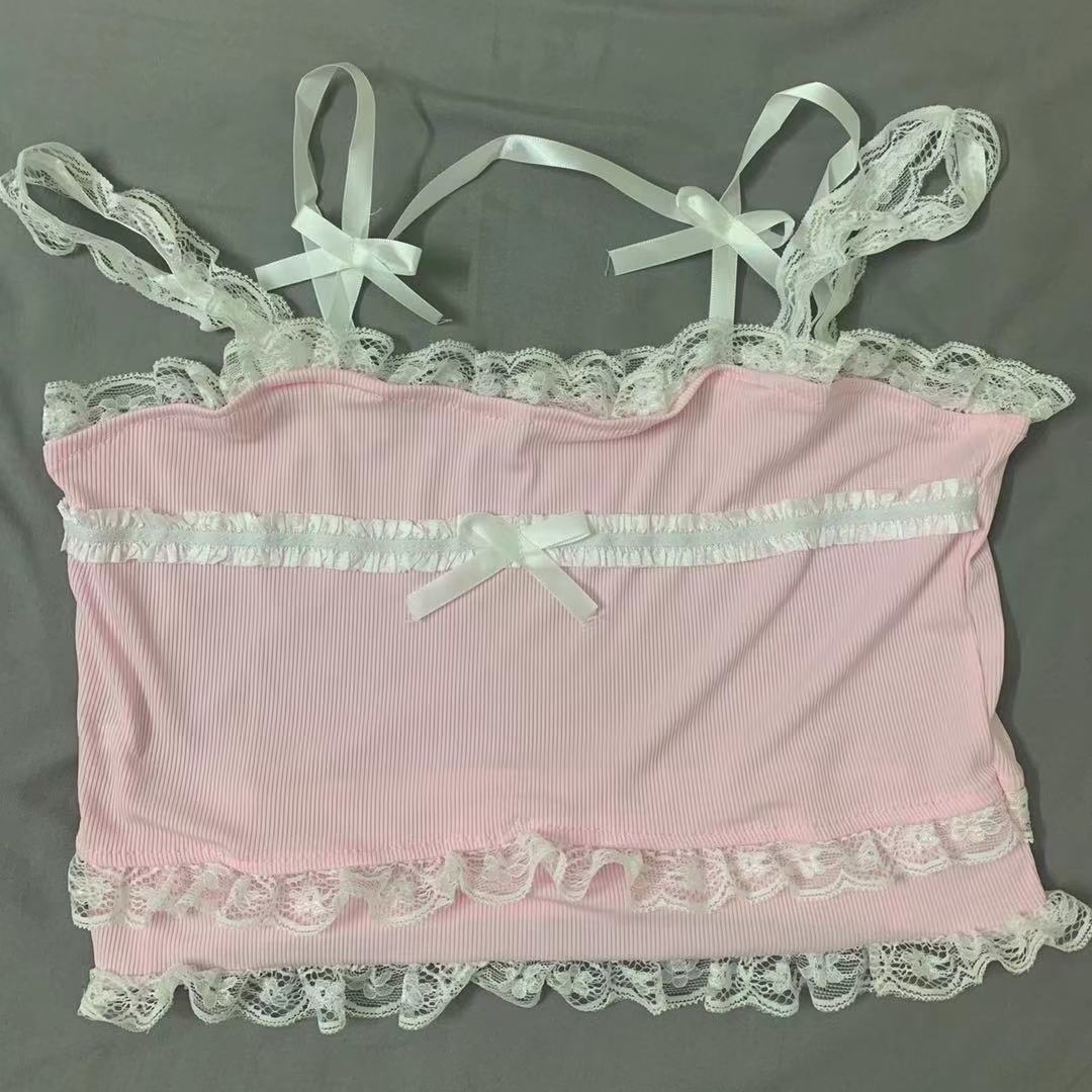 White Korean College Style Sweet Tank Top Bow Lace France Princess Vset