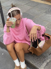 Pink O Neck Long Sleeve Knitted Pullover For Fashion Loose Thick Warm Sweater