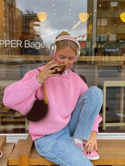 Pink O Neck Long Sleeve Knitted Pullover For Fashion Loose Thick Warm Sweater