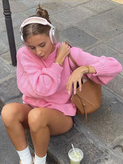 Pink O Neck Long Sleeve Knitted Pullover For Fashion Loose Thick Warm Sweater