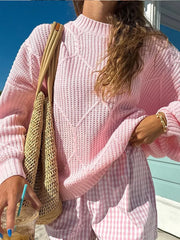 Pink O Neck Ribbed Knitted Sweater For Fashion Lantern Long Sleeve Sweater