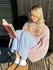 Pink Ribbed Knitted Round Neck Oversized Long Sleeve Classic Sweater