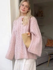Pink Ribbed Knitted Round Neck Oversized Long Sleeve Classic Sweater