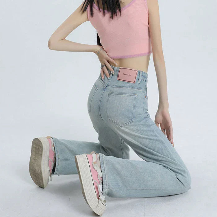 WomenSummer High Waist Wide Leg Leisure Design Drape Mop Jeans