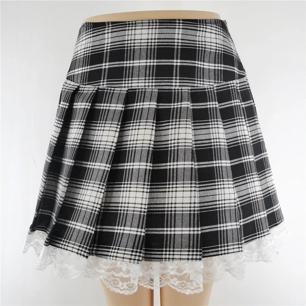 Plaid New Contrast Lace Pleated Vintage Skater Clothes Harajuku Gothic England Style Y2K Skirt