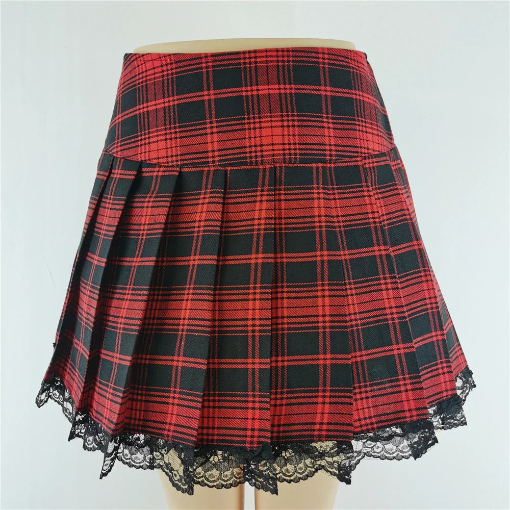 Plaid New Contrast Lace Pleated Vintage Skater Clothes Harajuku Gothic England Style Y2K Skirt