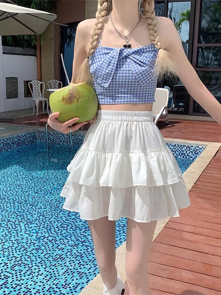 Pleated White Ruffles Preppy Summer Skirt
