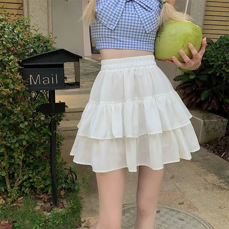Pleated White Ruffles Preppy Summer Skirt