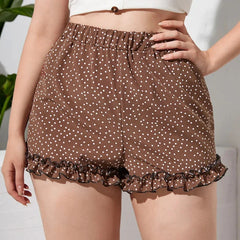 Elastic Waist Elegant Polka Dot Frill Lettuce Trim High Waist Straight Beach Female Large Size Short