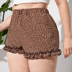 Elastic Waist Elegant Polka Dot Frill Lettuce Trim High Waist Straight Beach Female Large Size Short