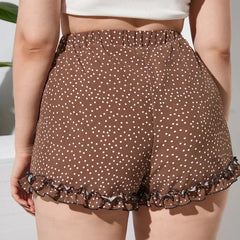 Elastic Waist Elegant Polka Dot Frill Lettuce Trim High Waist Straight Beach Female Large Size Short
