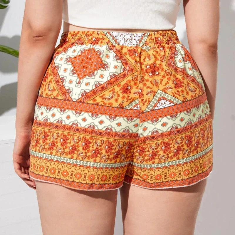 Plus Size Floral Print Summer Casual Knot Waist Elegant Boho Female Plus Size Clothing Short