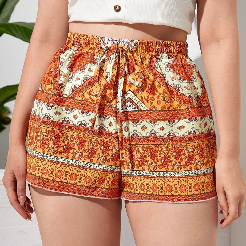 Plus Size Floral Print Summer Casual Knot Waist Elegant Boho Female Plus Size Clothing Short