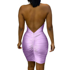 Plus Size Halter Sequined Dress Open Back Pleated Bodycon Dress Stretchy Mini Party Dresses Ruched Vestidos