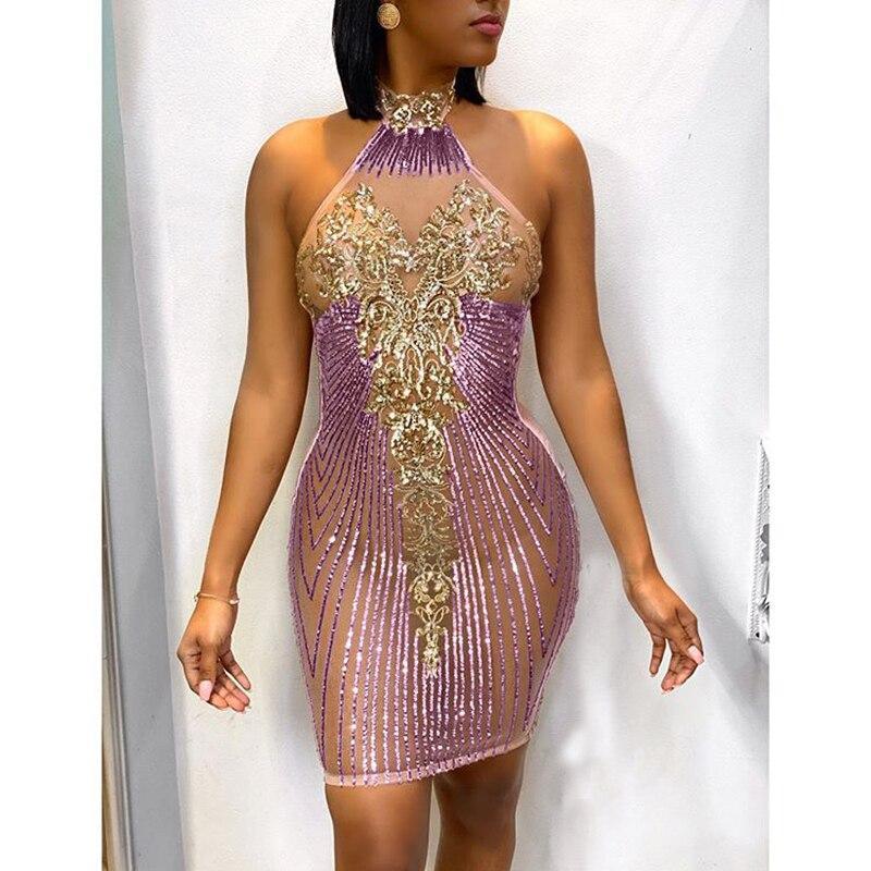 Plus Size Halter Sequined Dress Open Back Pleated Bodycon Dress Stretchy Mini Party Dresses Ruched Vestidos