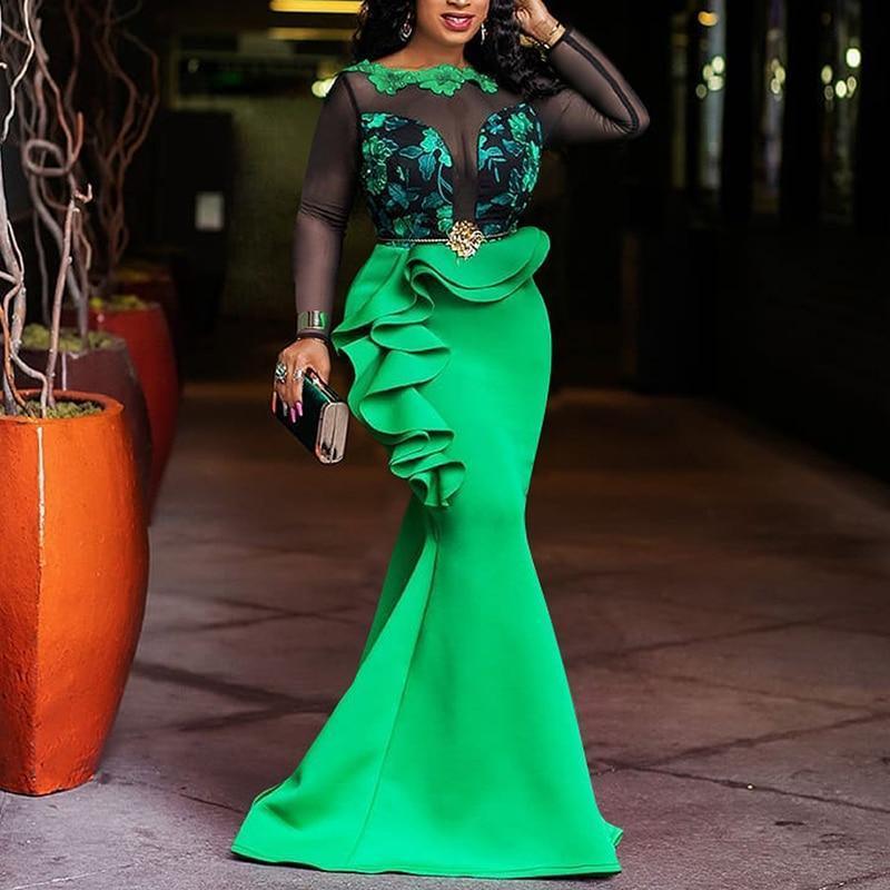 Plus Size Mesh Sheer Ruffles Long Sleeve Dress