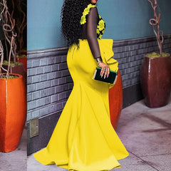 Plus Size Mesh Sheer Ruffles Long Sleeve Dress