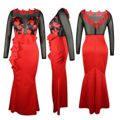 Plus Size Mesh Sheer Ruffles Long Sleeve Dress
