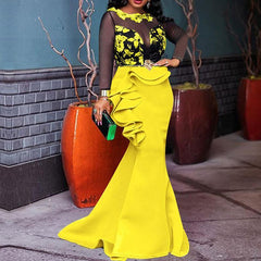 Plus Size Mesh Sheer Ruffles Long Sleeve Dress