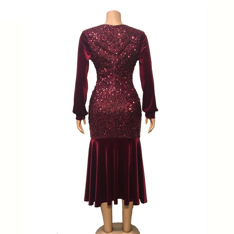 Plus Size Wine Red Velvet Sequin Dress