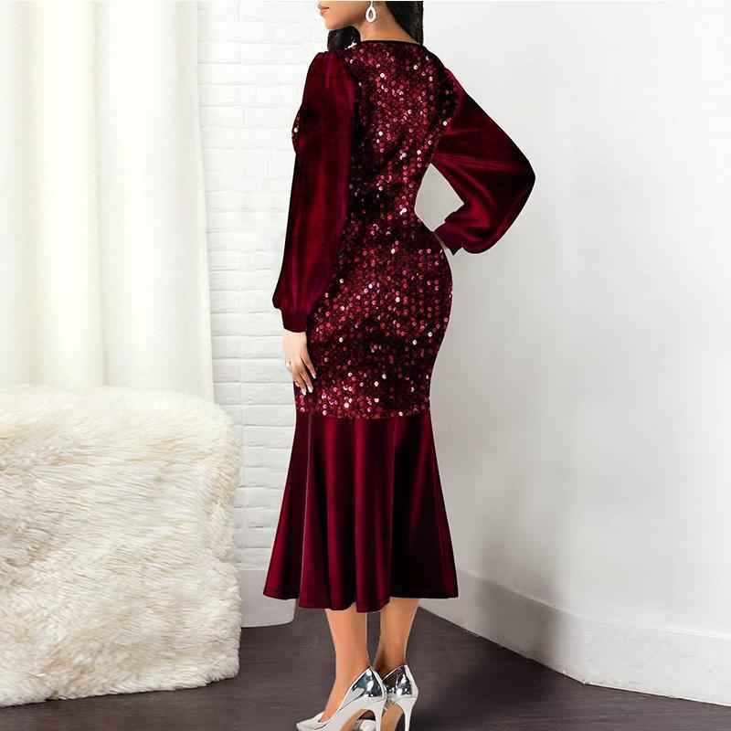 Plus Size Wine Red Velvet Sequin Dress