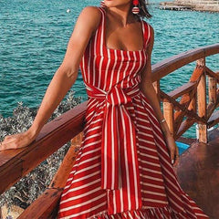 Plus size bohemian maxi dress square collar sashes pleated dress