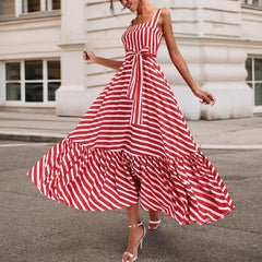 Plus size bohemian maxi dress square collar sashes pleated dress