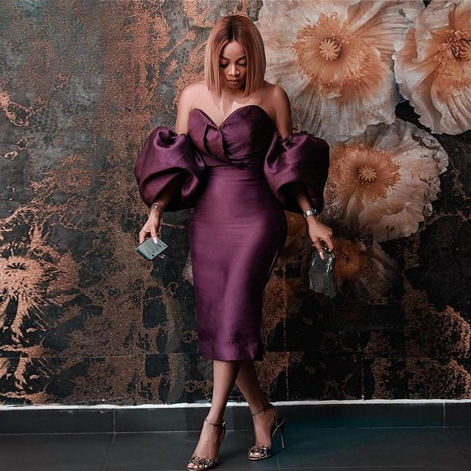 Royal Blue Deep V Neck Puff Sleeve Sexy Off Shoulder Pencil Dress