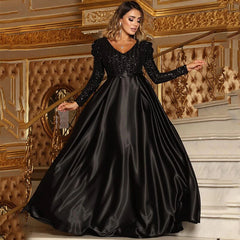 V-neck Long Sleeves Floor Length Satin Sequin Prom Dresses