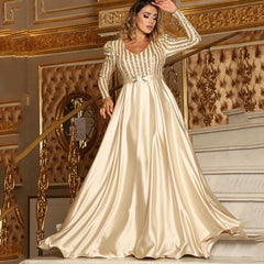 V-neck Long Sleeves Floor Length Satin Sequin Prom Dresses