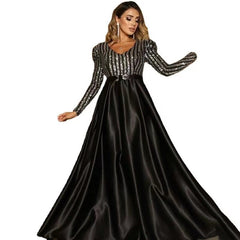 V-neck Long Sleeves Floor Length Satin Sequin Prom Dresses