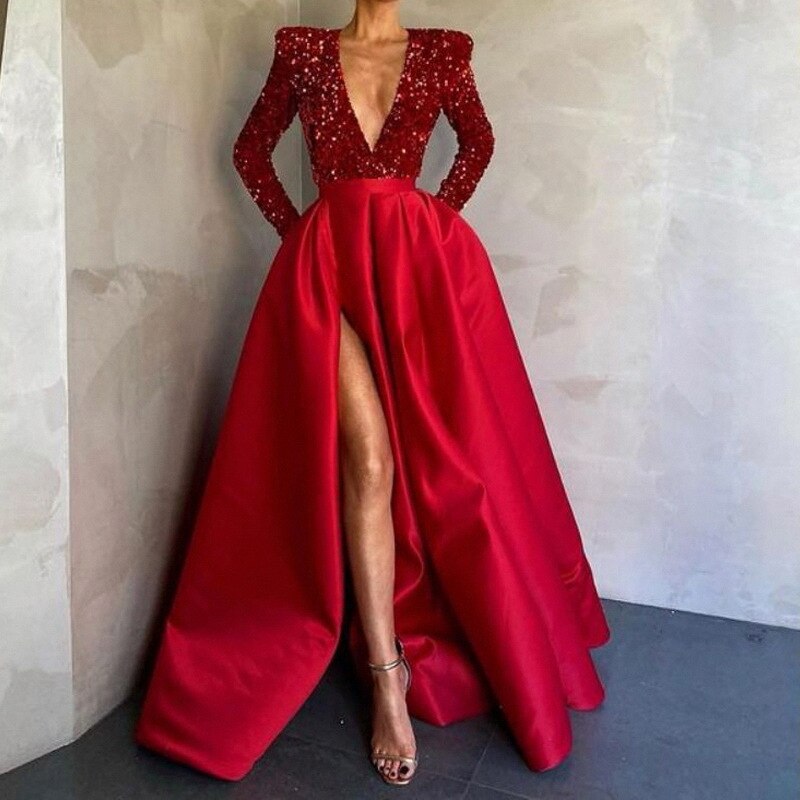 Sequins Satin Patchwork V Neck Infront Split Dresses
