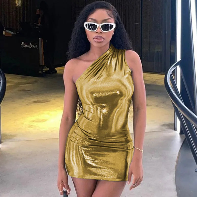 Pu Leather One Shoulder Sleeveless Draped Prom Summer Fall Y2K Evening Party Club Clothes Mini Dress
