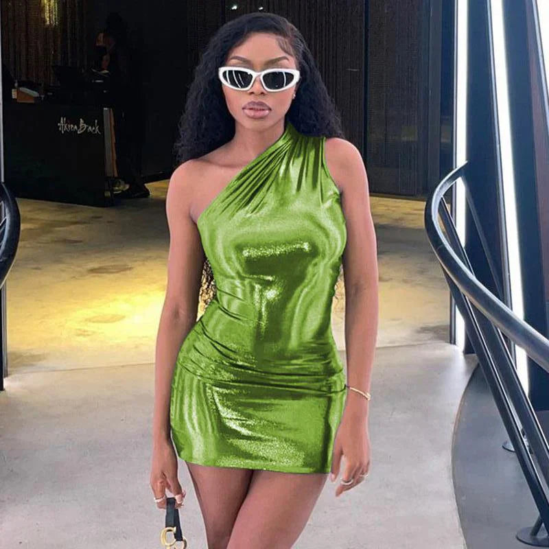Pu Leather One Shoulder Sleeveless Draped Prom Summer Fall Y2K Evening Party Club Clothes Mini Dress