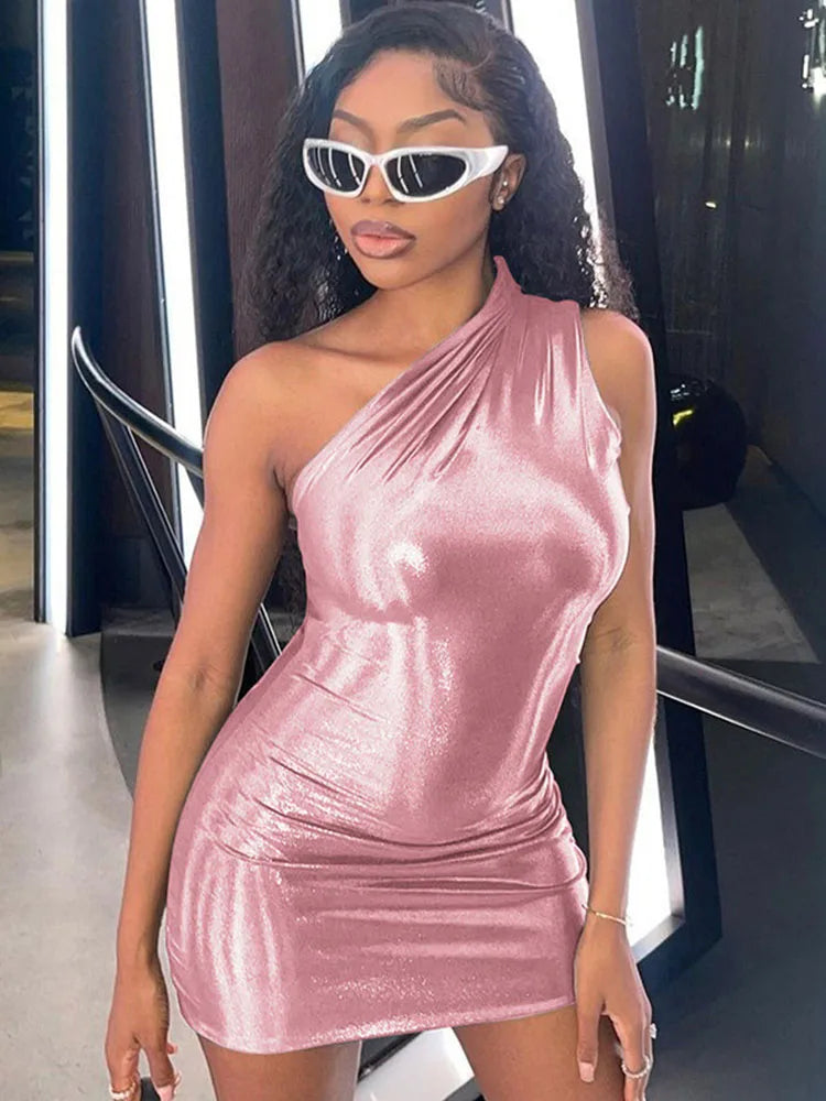 Pu Leather One Shoulder Sleeveless Draped Prom Summer Fall Y2K Evening Party Club Clothes Mini Dress