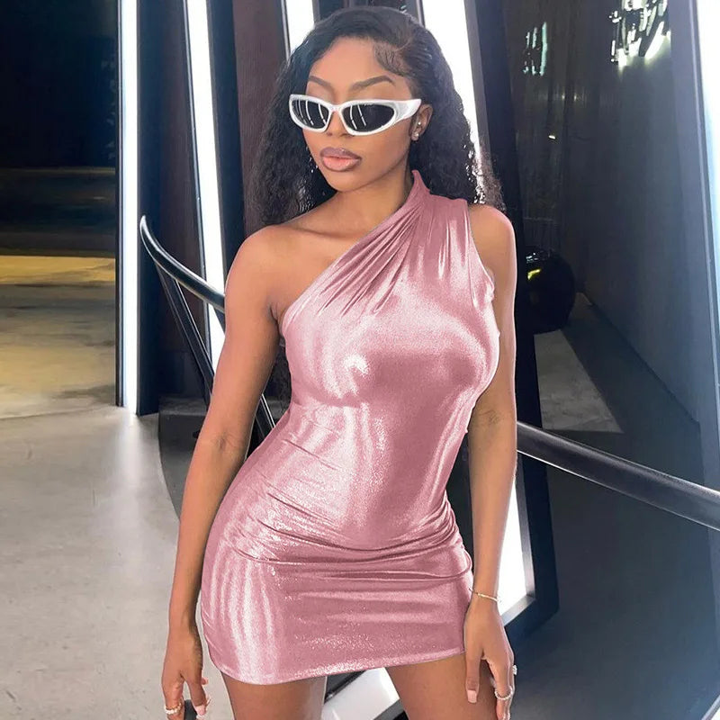 Pu Leather One Shoulder Sleeveless Draped Prom Summer Fall Y2K Evening Party Club Clothes Mini Dress