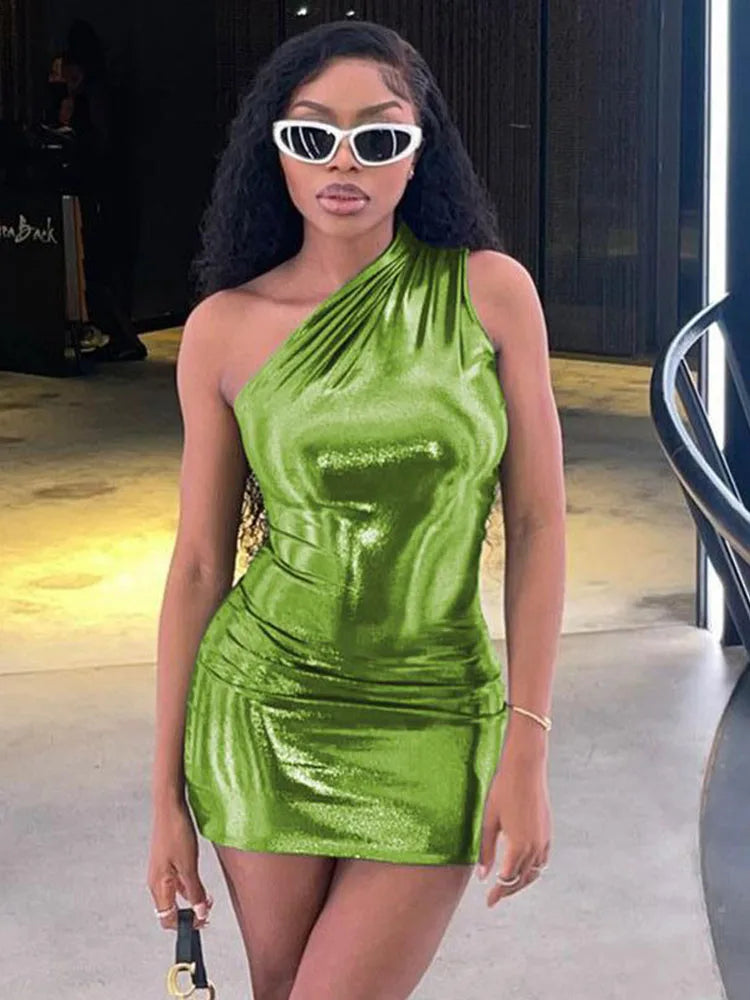 Pu Leather One Shoulder Sleeveless Draped Prom Summer Fall Y2K Evening Party Club Clothes Mini Dress