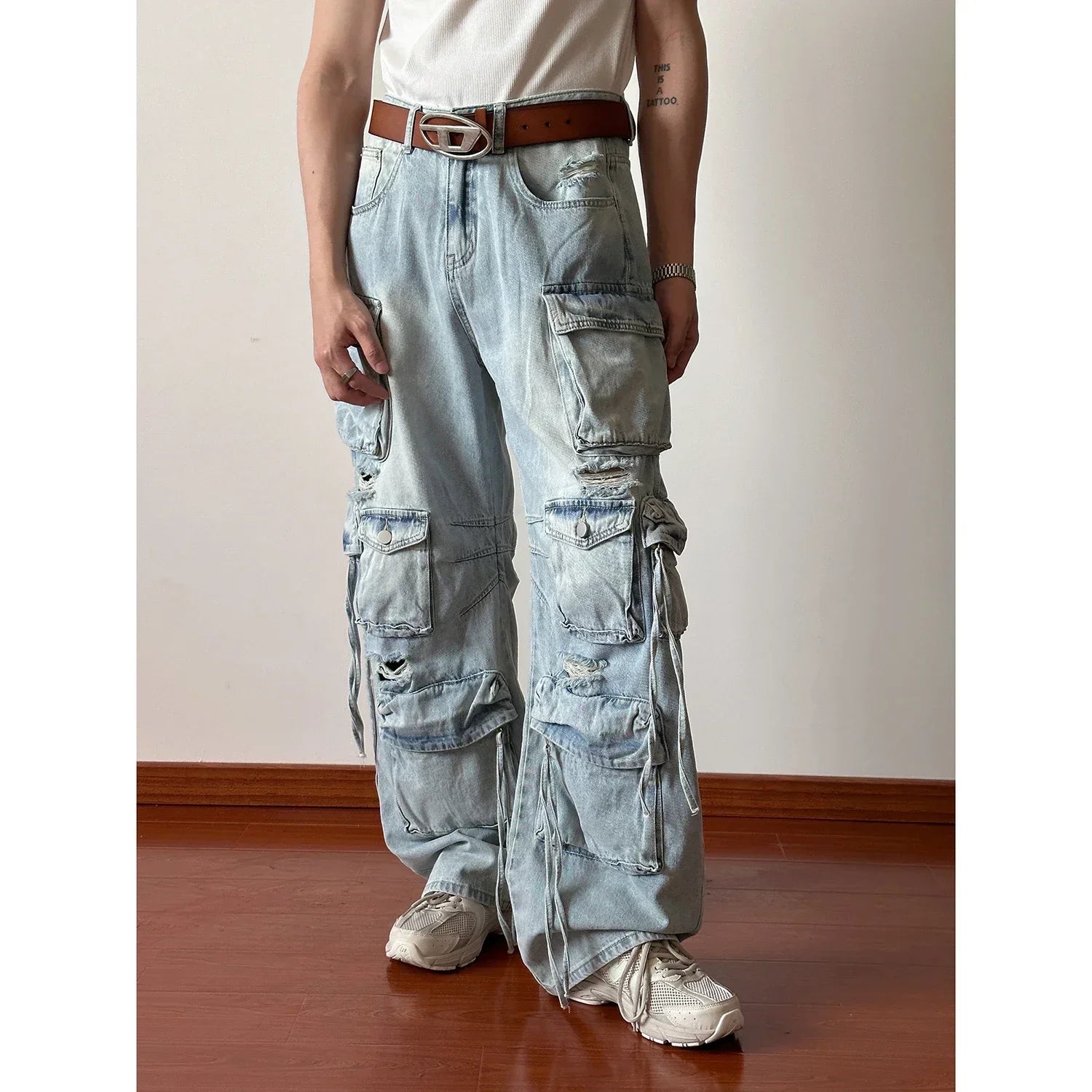 Solid Jeans MenDesign Sense Hip-hop Hole Washed Mid-waist Loose Drag Wide Pants