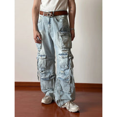 Solid Jeans MenDesign Sense Hip-hop Hole Washed Mid-waist Loose Drag Wide Pants