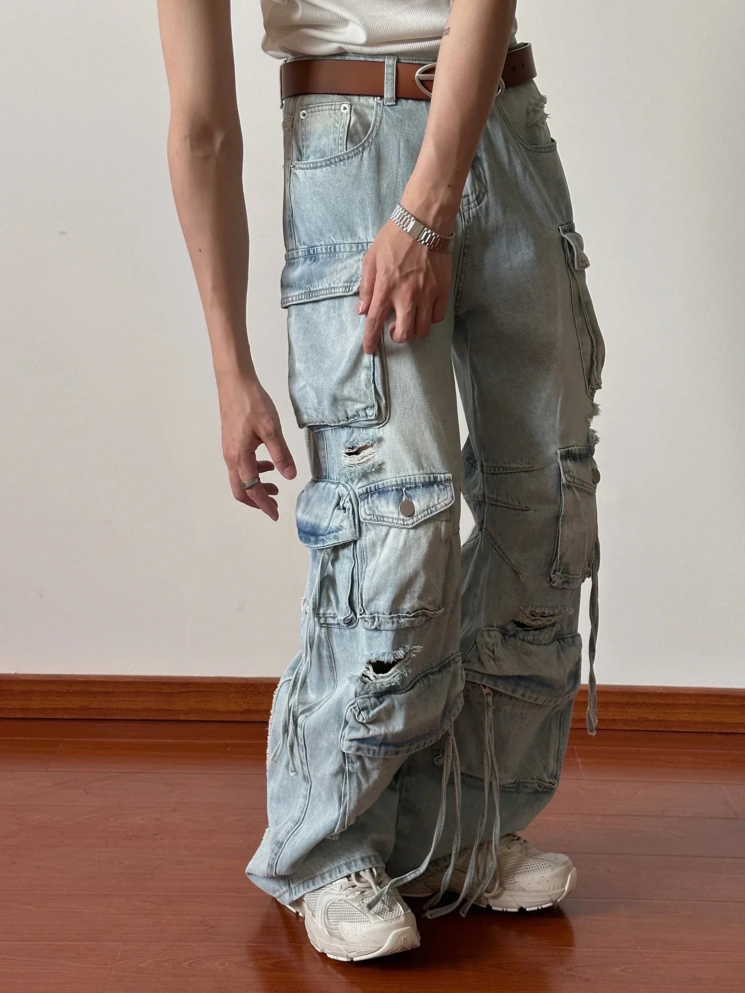 Solid Jeans MenDesign Sense Hip-hop Hole Washed Mid-waist Loose Drag Wide Pants