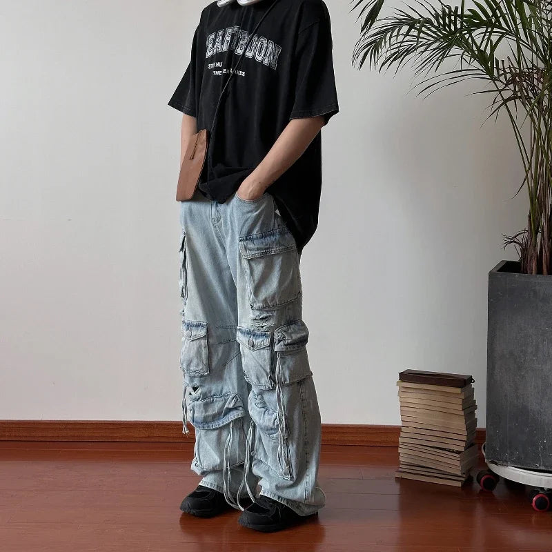 Solid Jeans MenDesign Sense Hip-hop Hole Washed Mid-waist Loose Drag Wide Pants