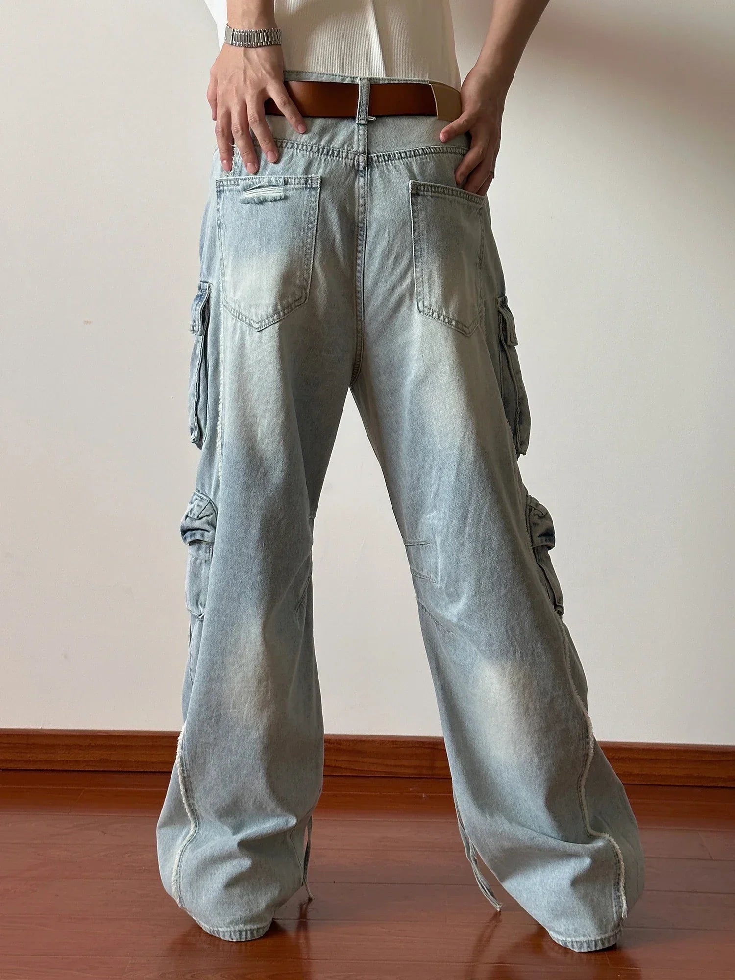 Solid Jeans MenDesign Sense Hip-hop Hole Washed Mid-waist Loose Drag Wide Pants