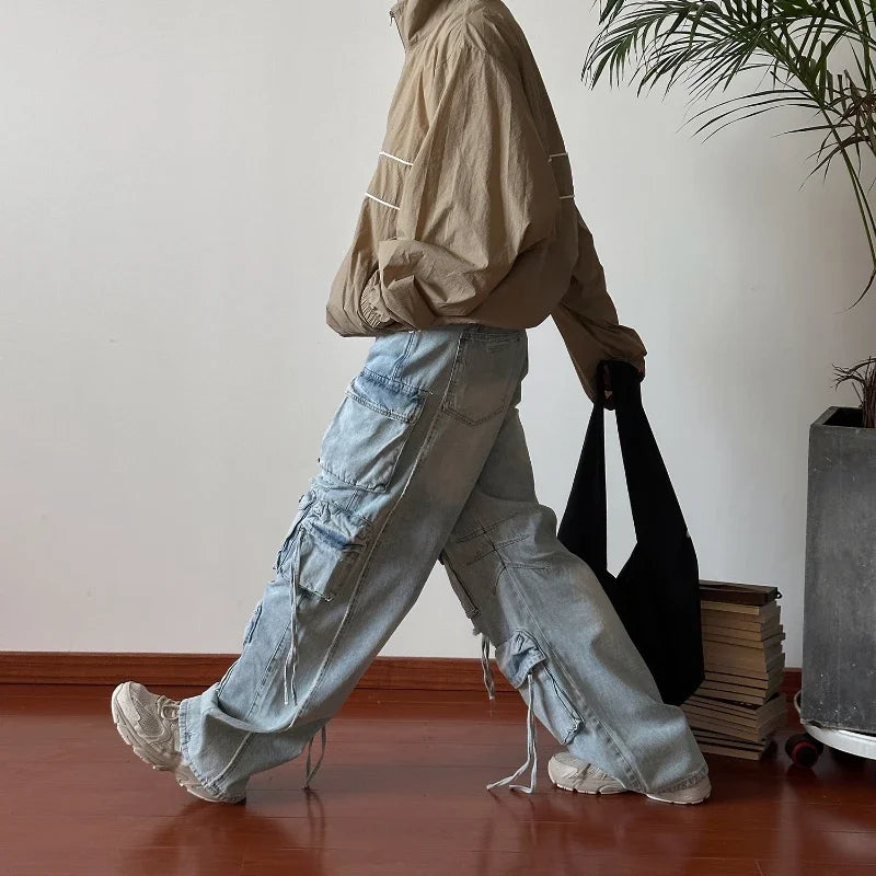 Solid Jeans MenDesign Sense Hip-hop Hole Washed Mid-waist Loose Drag Wide Pants