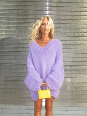 Purple Lantern Long Sleeve Oversized Jumper Top Fashion V Neck Sweater