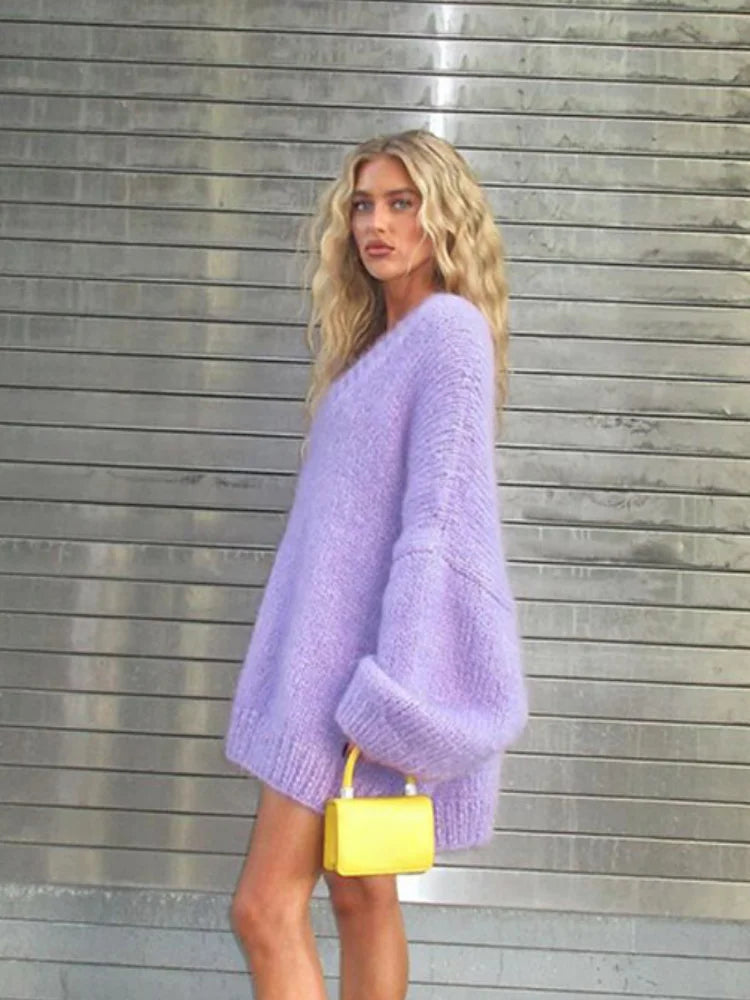 Purple Lantern Long Sleeve Oversized Jumper Top Fashion V Neck Sweater