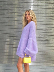 Purple Lantern Long Sleeve Oversized Jumper Top Fashion V Neck Sweater