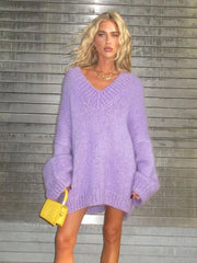 Purple Lantern Long Sleeve Oversized Jumper Top Fashion V Neck Sweater