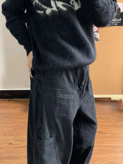 Pockets Elastic Waist Denim Wide Leg Streetwear Pants