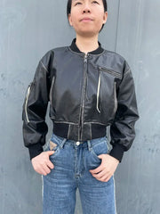 Stylish Short Bomber Leather Jacket Chic Zip Closure Leather Jacket